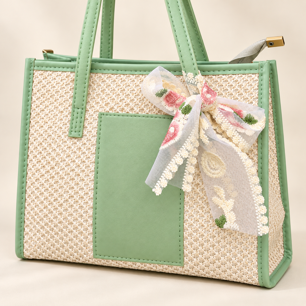 [UZ-B014] Mint Bloom Woven Tote Bag